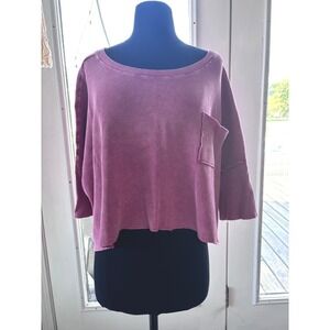 Altar'd State XL Pink Ribbed Knit Crop Top Raw Hem Pocket 3/4 Sleeve Oversized